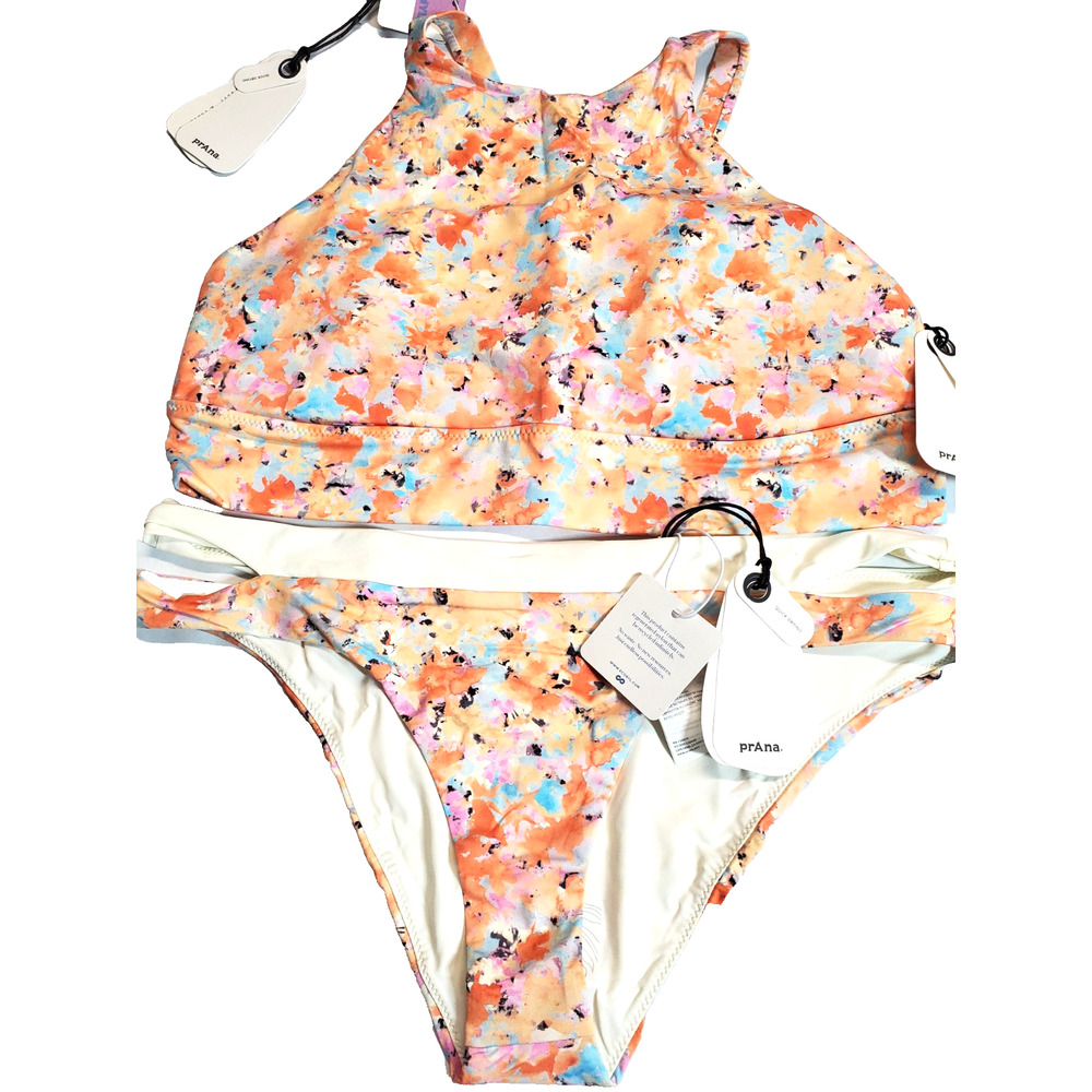 NWT Prana 2 Piece Swimsuit BIKINI Marine Street Floral Womens Medium &‎ Large